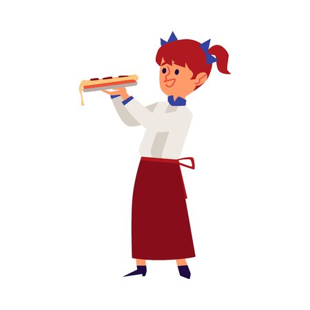 Child girl in a white chef robe and apron holds a piece of pizza flat cartoon vector illustration isolated on white background. Cute kid learns the profession of cook.のイラスト素材