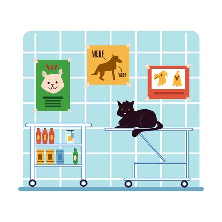 Sick unhealthy domestic animal in cabinet of vet hospital or veterinary clinic waiting for a doctor flat cartoon vector illustration. Cute pet cat gets medical treatment.のイラスト素材