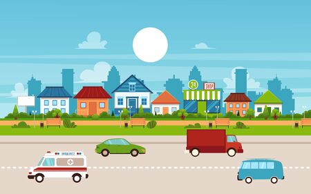 Small town and suburb with private suburban homes and houses. Buildings and road with cars, flat urban vector illustration with cityscape.のイラスト素材