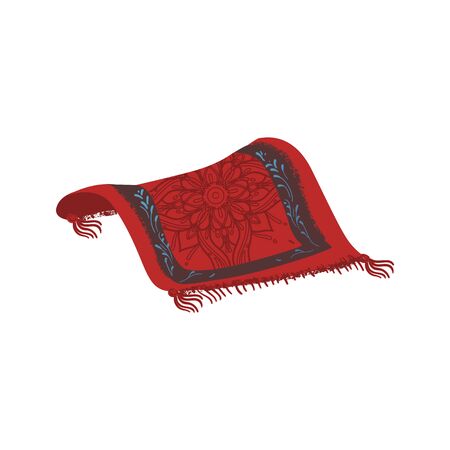 Magic carpet drawing isolated on white background. Red Persian rug with ornate Oriental mandala flower pattern - hand drawn cartoon vector illustrationのイラスト素材
