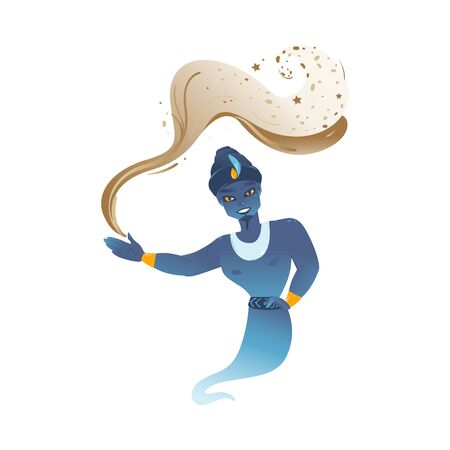 Genie magician of oriental Aladdin's lamp tales does magic flat cartoon vector illustration isolated on white background. Arab culture traditional fantasy character.のイラスト素材