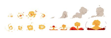 Bomb explosion mushroom clouds set of cartoon vector illustration isolated on white background. Bundle of comic bang, smoke and fire colorful design elements.のイラスト素材