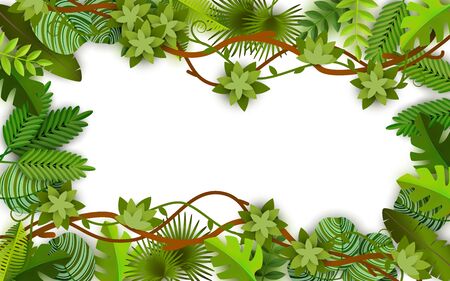 Frame and background of green vines, leaves and jungle plants with blank and empty space, isolated vector flat illustration and background in jungle style.のイラスト素材