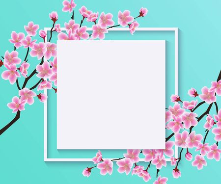Blossom sakura or cherry flowers on a blank white square frame vector illustration on a blue background. Floral backdrop or banner for invitations and promotion.のイラスト素材