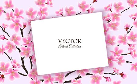 Floral banner template with blooming cherry or sakura flowers on sky blue background vector illustration. Backdrop for seasonal design of flyer or poster for spring sale.のイラスト素材