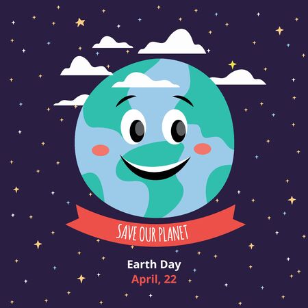 Save our planet banner template for the Earth day flat cartoon vector illustration. A smiling earth globe and lettering concept of energy saving and ecology.のイラスト素材