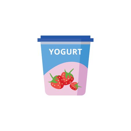 Berry milk and creamy yogurt in plastic jar packaging. Yogurt icon for grocery store or supermarket, isolated vector flat illustration.のイラスト素材