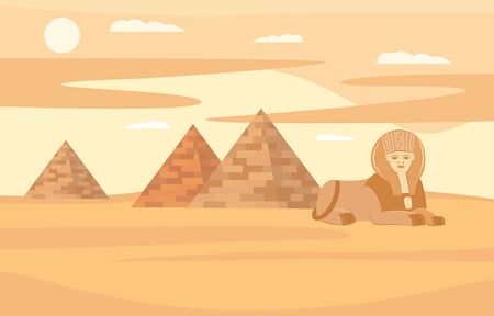 Egypt desert landscape with pyramids and sphinx vector illustration background. Historical egyptian famous tourist place banner with architecture landmark.のイラスト素材