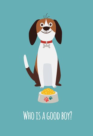 Cute beagle dog card with food bowl and text Who is a good boy. Happy cartoon pet animal sitting on the floor about to eat as reward for obedience, isolated flat vector illustrationのイラスト素材