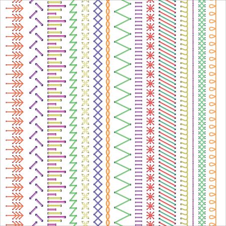 Sewing machine various stitches seamless colorful pattern vector illustration on white background. Sewing seam lines and decorative borders endless textile texture.のイラスト素材