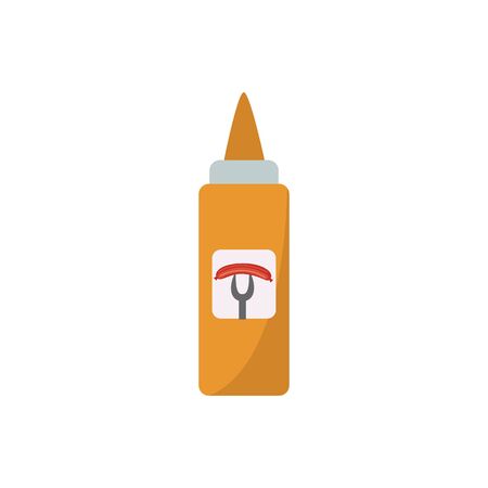 Yellow bottle of mustard food sauce flat vector illustration isolated on white background. Icon of meat condiment product plastic container for grocery retail.のイラスト素材