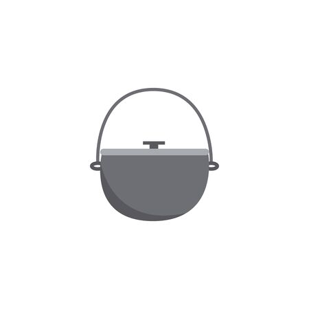 Icon metal hiking pot or cauldron in flat style. Hiking pot for tourism and cooking on a fire, hiking in nature and a picnic. Isolated flat vector illustration of a camping bowler.のイラスト素材
