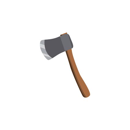 Cartoon ax with brown wood handle and shiny metal blade - flat icon of work tool or camping equipment - isolated object on white background. Vector illustration.のイラスト素材