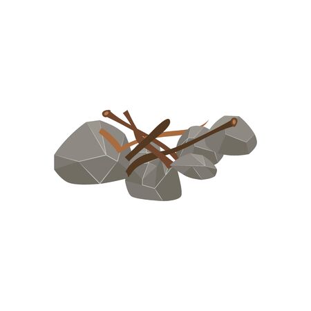 Firewood preparation step - wood stick pieces thrown on stone fire bed for kindling, isolated bonfire preparation site with twigs and brushwood branches on stone - flat cartoon vector illustrationのイラスト素材