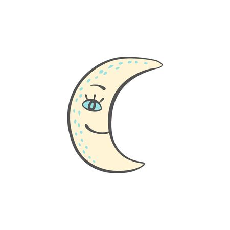 Hand drawn fashion image of the smilling moon for night and sleeping themes design, doodle vector illustration isolated on white background. Creative ink cozy drawing.のイラスト素材