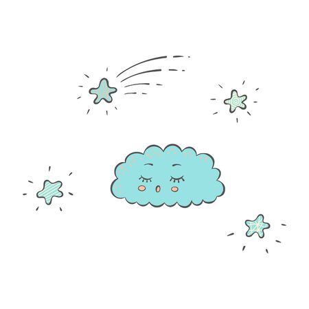 Sleeping blue cloud and sparkling stars in the sky in cartoon hand drawn style, cute cartoon character with eyes closed and snoring with open mouth, isolated vector illustration on white backgroundのイラスト素材