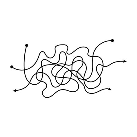 Messy long arrow line tangle isolated on white background. Freehand scribbles intertwined in random chaotic mess, abstract doodle shape - vector illustrationのイラスト素材