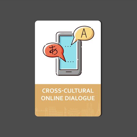 Flat tablet icon with language translation symbol, speech bubbles with English and Japanese letters on smartphone screen, online chat or interpreter service - isolated vector illustrationのイラスト素材