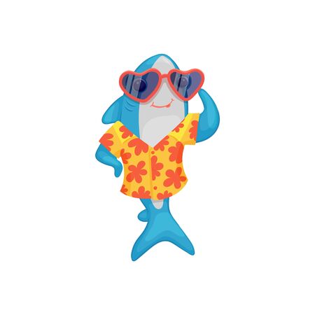 Blue shark character in hawaiian shirt and sunglasses a flat cartoon vector illustration isolated on white background. Cute sea animal or fish for summer prints and posters.のイラスト素材