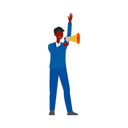 Happy businessman holding a megaphone making an announcement. Cartoon man in business costume using a loudspeaker - isolated flat vector illustration on white backgroundのイラスト素材