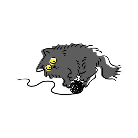 Funny cartoon drawing of grey cat playing with yarn - cute kitten holding a thread ball with paws lying on the floor, hand drawn domestic feline animal character - isolated vector illustrationのイラスト素材