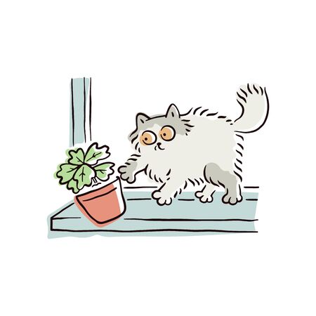 Cartoon cat pushing a flower pot off the window sill, funny naughty pet animal breaking things. Cute curious kitten drops an object to the floor - isolated hand drawn vector illustrationのイラスト素材