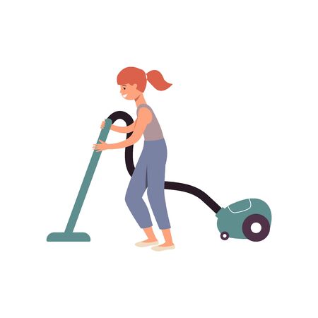 Cartoon girl doing housework using a vacuum cleaner, happy ginger child helping clean the house by vacuuming the floor, flat isolated vector illustration on white backgroundのイラスト素材