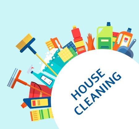 House cleaning banner - colorful housework supplies arranged around a circle with text template, household cleanup service ad - flat cartoon vector illustrationのイラスト素材