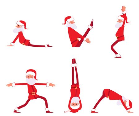 Set of Santa Claus doing yoga exercises cartoon style, vector illustration isolated on white background. Male Christmas character standing and sitting in various sports yoga posesのイラスト素材