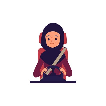 A muslim and arab young woman driver sits at the wheel wearing a seatbelt and smiles. Isolated flat cartoon vector illustration.のイラスト素材