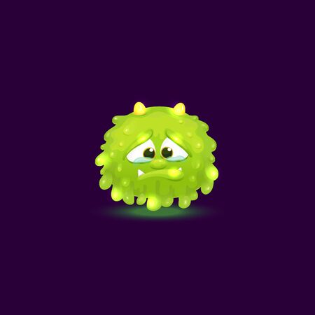 Tiny green monster with round slime shape and horns crying and holding back tears, green baby alien creature isolated on dark background, glowing and floating cartoon character vector illustrationのイラスト素材