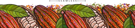 Chocolate cocoa bean panorama banner - organic nature food drawing in hand drawn cartoon style, seamless assortment of nuts with leaves isolated on white background, vector illustrationのイラスト素材