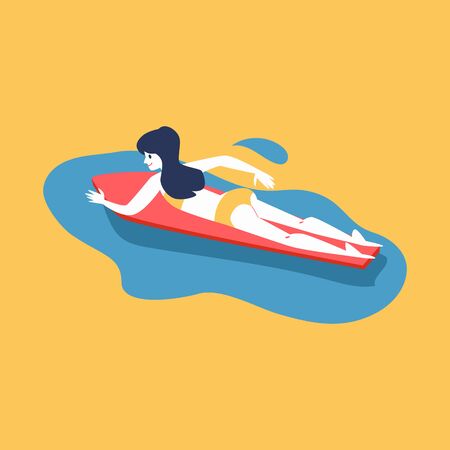 Woman swimming in sea or ocean water on her surfboard flat cartoon vector illustration isolated on yellow background. Summertime surfing - sportive and active young girl.のイラスト素材