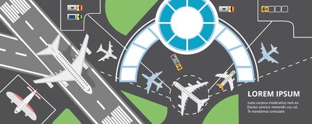 Top view airport area plan banner with text template - airplane flying off from terminal building...