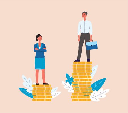 Glass ceiling and gender discrimination issues concept with business man and woman stand on coins, the difference in salary flat vector illustration isolated on background.のイラスト素材