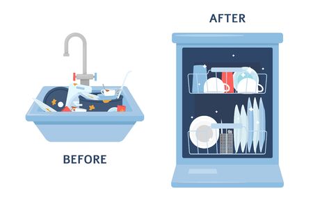 Before washing dirty dishes in the kitchen sink and after cleaning in the dishwasher flat cartoon vector illustration isolated on blue background. Comparison of household cutlery before and after washing.のイラスト素材