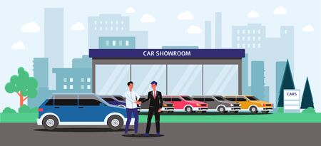 Car showroom - cartoon man buying a blue car from seller in costume, exterior of automobile dealership building with colorful vehicles parked outside - flat vector illustration bannerのイラスト素材
