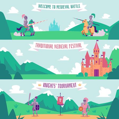 Knight tournament banner set - medieval battle festival poster with cartoon people with swords and armor standing on summer hills and fantasy castle background, flat vector illustrationのイラスト素材