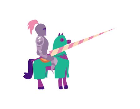 Cartoon knight in metal armor sitting on a horse holding a spear - medieval tournament fighter isolated on white background, flat vector illustrationのイラスト素材