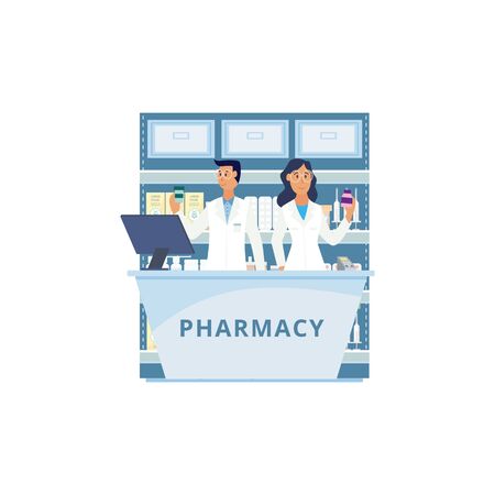Isolated pharmacy counter with cartoon people in chemist uniform holding medicine bottles. Consultant man and woman in drug store cash register- vector illustrationのイラスト素材