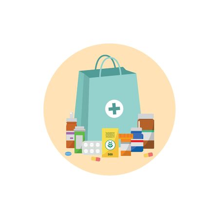 Pharmacy bag with pill bottles, drug tablets and other medicine packaging surrounding it - blue drugstore purchase paper bag with cross symbol - isolated flat vector illustrationのイラスト素材