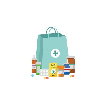 Medical supplies, drugs and pills in containers flat cartoon vector illustration isolated on white background. Online pharmacy or drugstore, healthcare clinic element.のイラスト素材