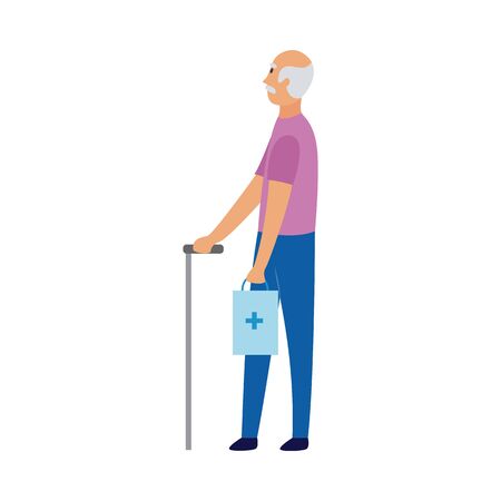 Old man holding pharmacy shopping bag and walking with cane - elderly senior citizen with retail drugstore purchase. Flat isolated vector illustration.のイラスト素材