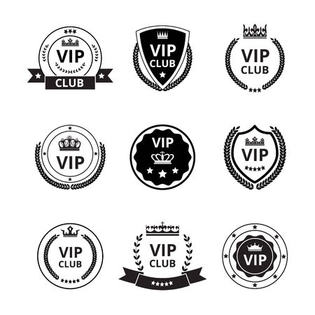 Vip labels and badges with ribbon and crown icons set of vector graphic illustrations isolated on white background. Vip club loyalty program emblems collection.のイラスト素材