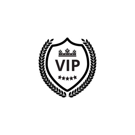 Vip black shield label with royal crown and laurel wreath monochrome vector illustration isolated on white background. Luxury VIP club loyalty clients program symbol.のイラスト素材