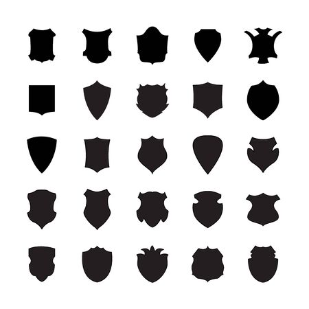 Black cartoon badge silhouette set isolated on white background. Different types of shield shape - flat icon collection for coat of arms or polica badge design - vector illustrationのイラスト素材