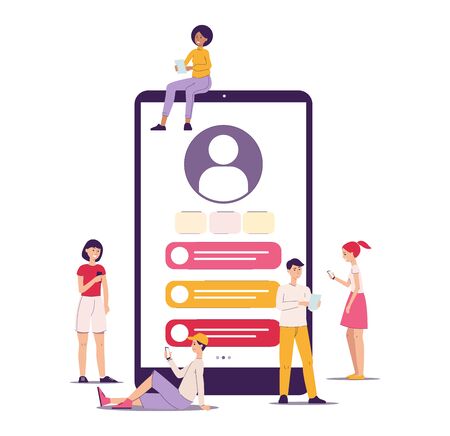 Customer workspace in the application and on the social network, personal account, client profile. Customer workspace concept with people, smartphone and dashboard. Isolated flat vector illustration.のイラスト素材