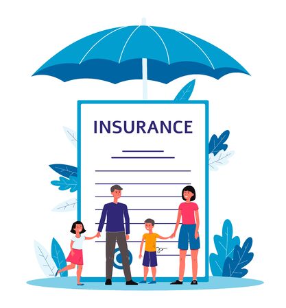 Family insurance - cartoon people standing near giant contract document with text under big umbrella.のイラスト素材