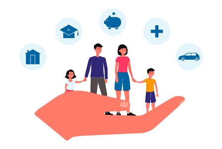 Family insurance banner - giant hand holding cartoon people isolated on whiteのイラスト素材