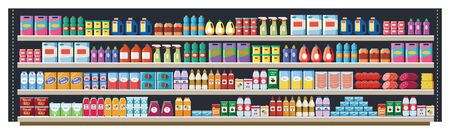 Grocery shelf in a supermarket or retail store with products, food and drinks, bottles and boxes. Grocery shelf in a shop and market with a large assortment of products, flat vector illustration.のイラスト素材